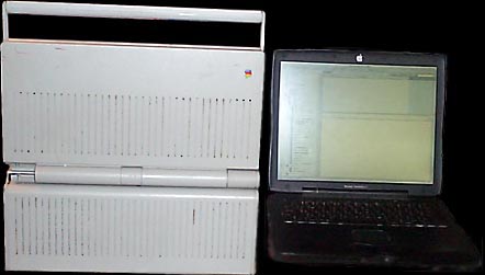 sideBySideMacs.JPG: A Mac Portable next to a Powerbook G3.
