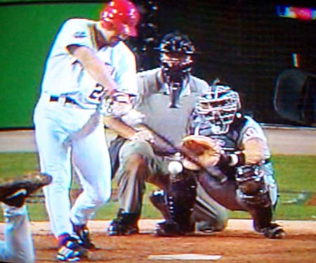 DCP02589.JPG: Jeff Spiezio at bat against the new pitcher, Felix Rodriguez, has an eight-pitch at-bat, and hits one just out of the park to right-center, knocking in men on first and second and bringing the score from 5-0 to 5-3. Rodirugez would leave the game, bringing in Scott Eyre.